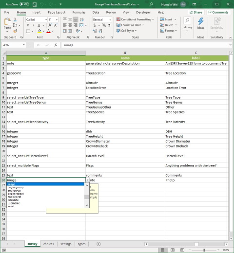 ESRI's Survey123 XLSForm Design was used to make the survey